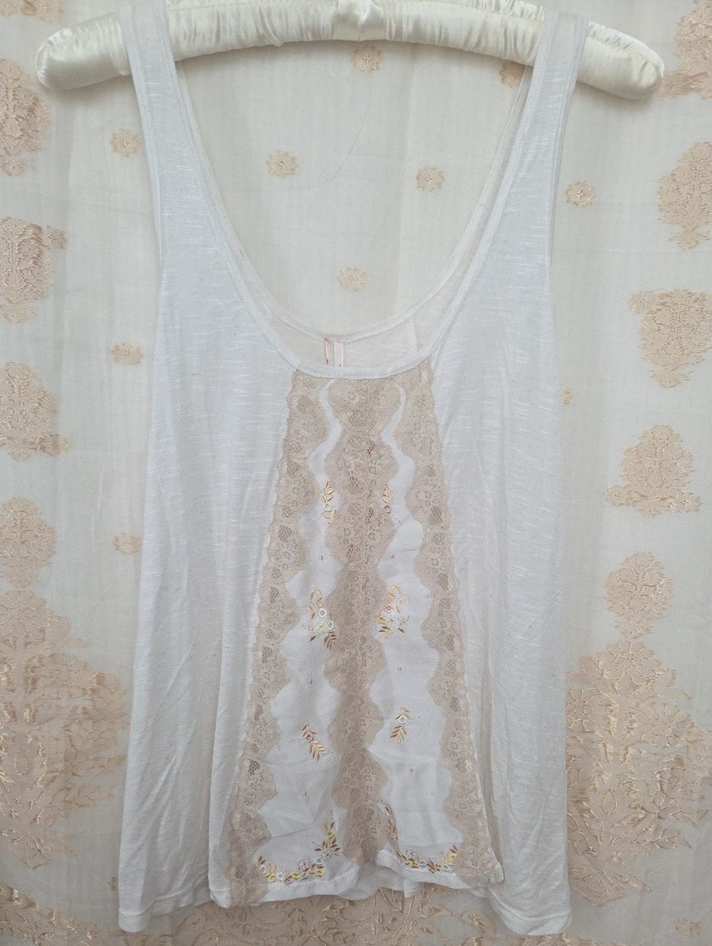 NWT Free People Women's White Lace-Trim Tank Top — Light Cream Embroidery
